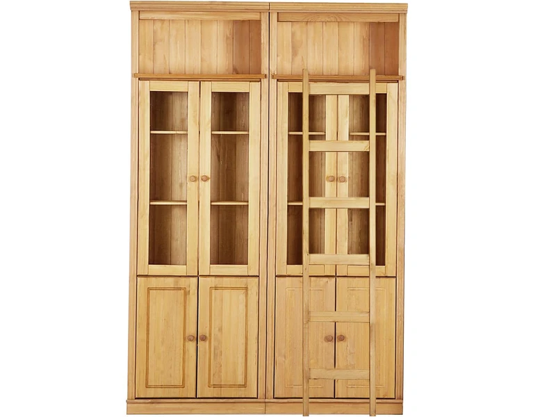 Anita Wall Unit J with 2 bookcases, 4 wooden doors, 4 glass doors and 1 ladder in havana lacquer in stained wax,34x223x148 cm (DxHxW)