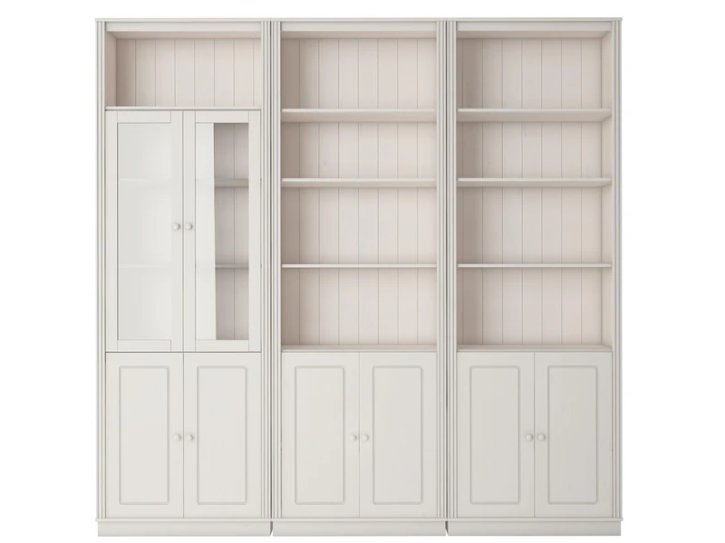 Anita Wall Unit 4 with 3 bookcases, 6 wooden doors, 2 glass doors in white lacquer,37x223x222 cm (DxHxW)