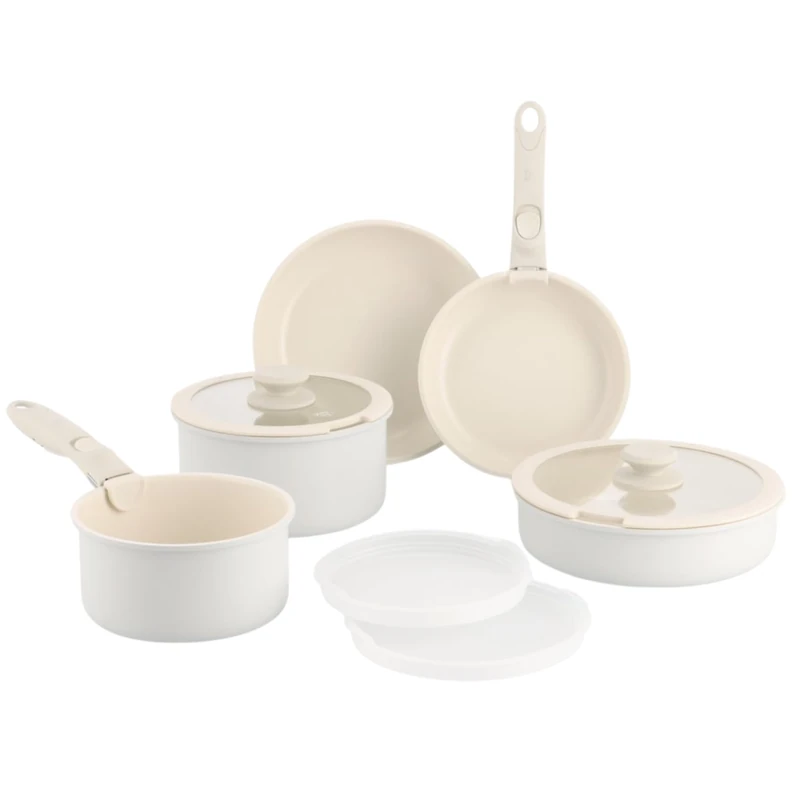 GreenChef Clickpan 11-Piece Cookware Set with Removable Handles, Stackable, PFAS-Free Ceramic Non-Stick Coating, Induction Safe, Oven Safe up to 220°C, Dishwasher Safe, Cream