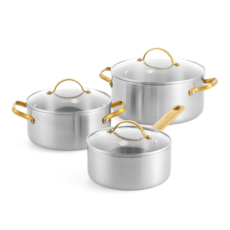 GreenPan Padova 6-Piece Stainless Steel Cookware Set with Glass Lids, Saucepans and Stockpot, Triple Induction Safe, Gold Stainless Steel Handle, Oven Safe up to 220°C, Dishwasher Safe, Silver