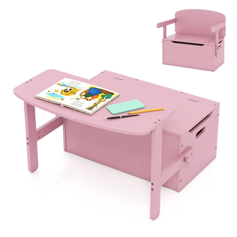 GYMAX 3 in 1 Kids Storage Bench, Convertible Toy Storage Box with Safety Hinge, Wooden Children Table and Chair Set for Playroom Bedroom (Pink)
