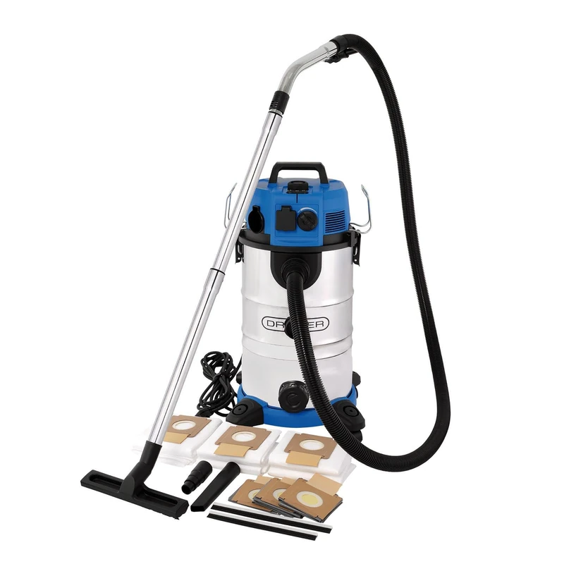 Draper 230V M-Class Industrial Wet & Dry Vacuum Cleaner & Dust Extractor - 35l with Power Take-Off -1500W High Suction - Anti-Static Hose, Auto Filter Clean & LED Airflow Indicator