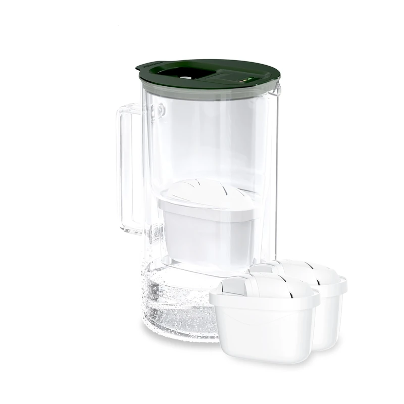 Wessper Water Filter Jug with LED Indicatorr, 2 Litre, Glass Water Filter Carafe, Compact Water Filter Can with Activated Carbon Filter, 5 Filter Cartridges, BPA Free - Green