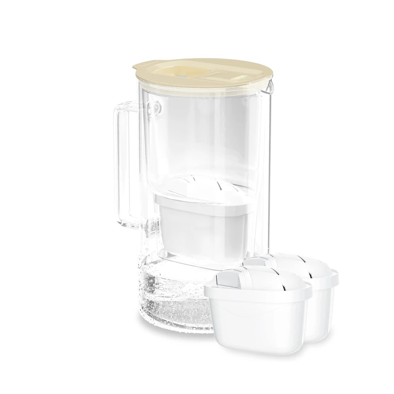 Wessper Water Filter Jug with LED Indicatorr, 2 Litre, Glass Water Filter Carafe, Compact Water Filter Can with Activated Carbon Filter, 5 Filter Cartridges, BPA Free - Beige