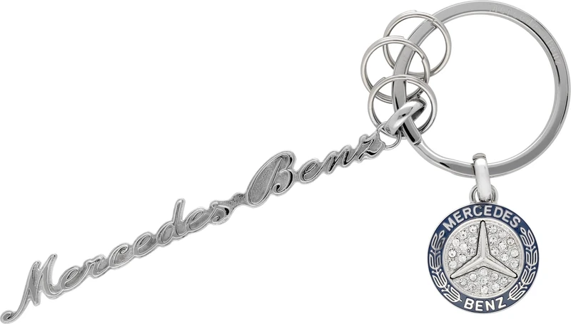 Mercedes-Benz Classic Collection Keyring Stainless Steel with Crystal Glass, Silver, 11 cm, with Split Ring and 3 Mini Split Rings