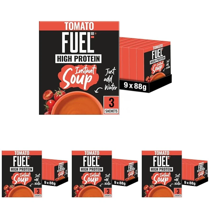 FUEL10K High Protein Tomato Instant Cup Soup, 3 Sachets Per 88g Box, (Total 9 Boxes : 27 Sachets) (Pack of 4)