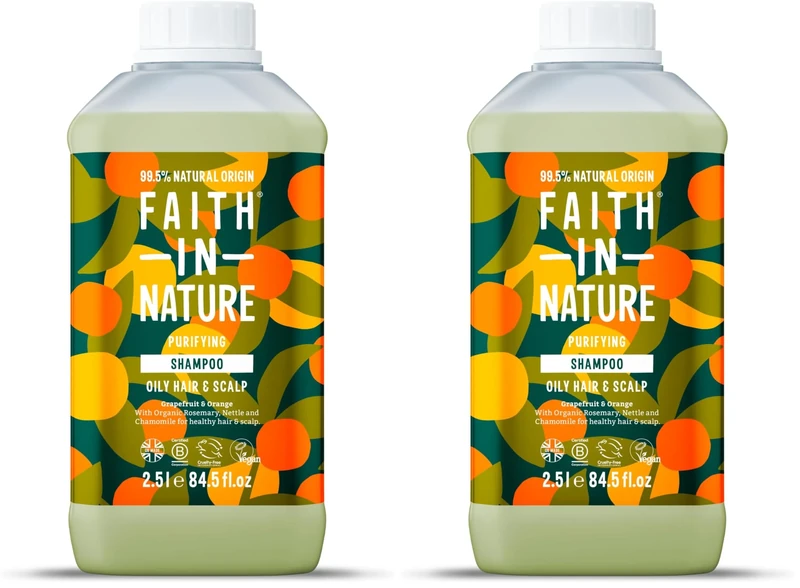 Faith In Nature Natural Grapefruit & Orange Shampoo, Purifying For Oily Hair & Scalp, Vegan & Cruelty Free, No SLS, Silicones or Parabens, 2.5L Refill (Pack of 2)