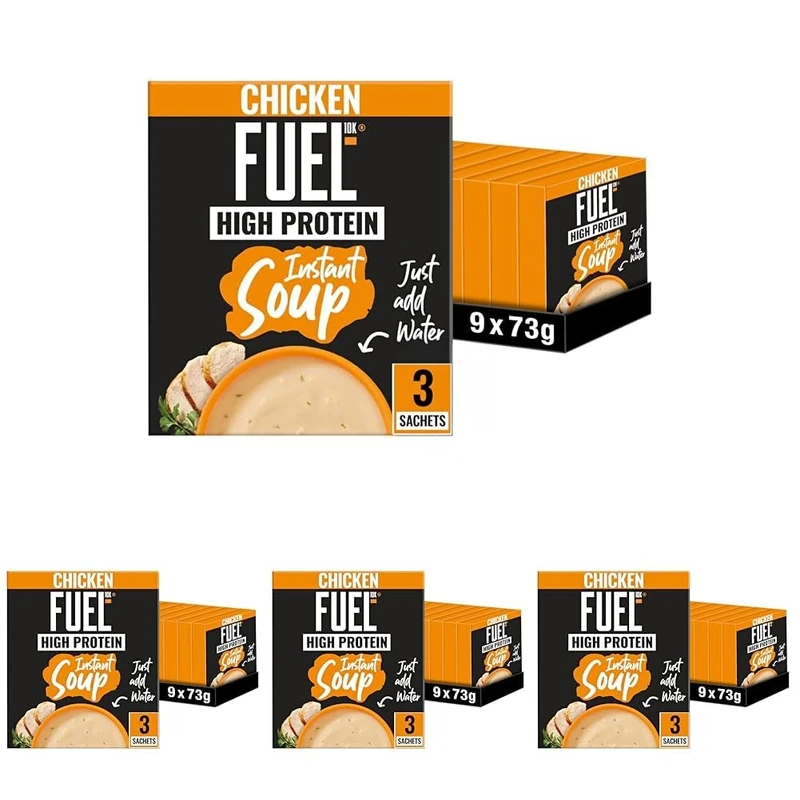 FUEL10K High Protein Chicken Instant Cup Soup, 3 Sachets Per 73g Box, (Total 9 Boxes : 27 Sachets) (Pack of 4)