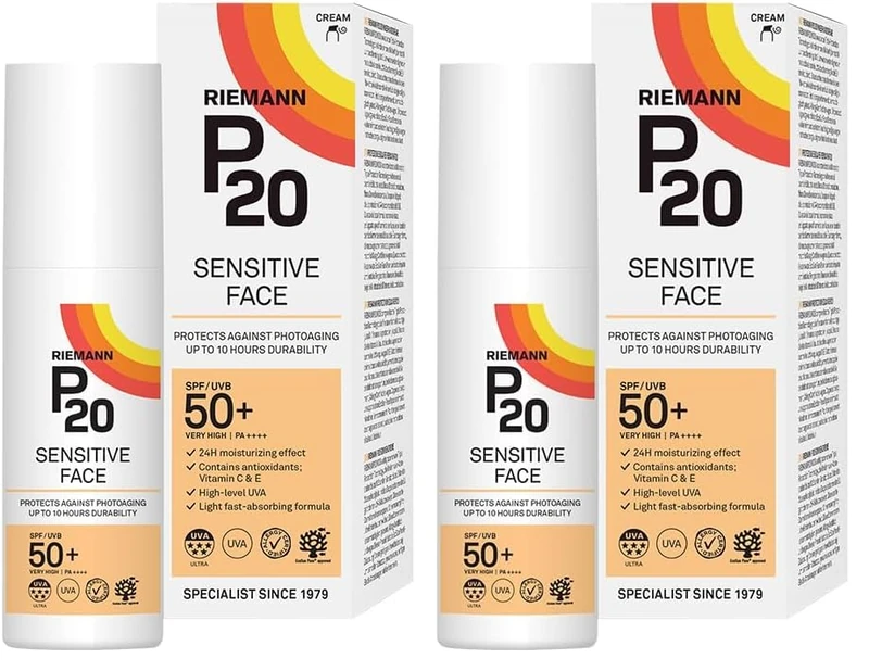 RIEMANN P20 Sensitive FACE SPF50+ UV Protection Cream, 50 Grams | Non Greasy Highly Effective Protects Face from UV Radiation |Sun Protection Factor 50+ | Wear under Make Up (Pack of 2)
