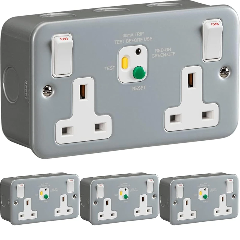 Knightsbridge M9RCD Metal CLAD 13A 2G DP RCD Switched Socket - 30mA (Type A), Powder-Coated Silver/Grey, 81.0 mm*50.0 mm*142.0 mm (Pack of 4)