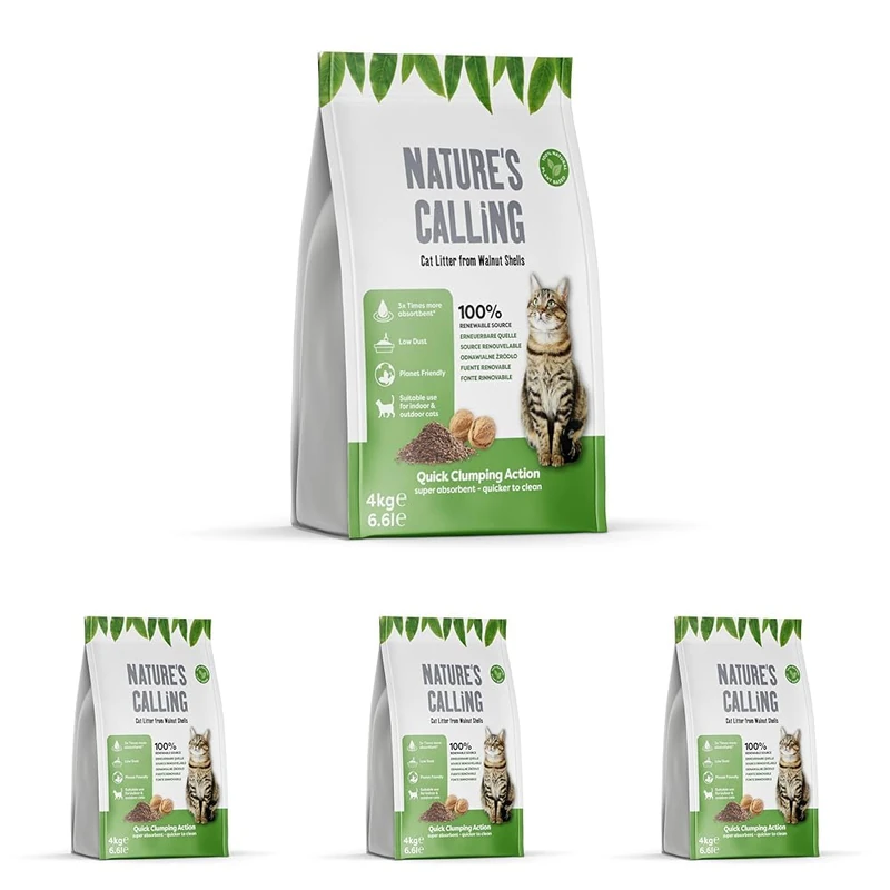 Nature's Calling 4Kg Walnut Shell Cat and Kitten Litter, Ultra Absorbent Clumping Litter, Biodegradable with Superior Odour Control Eco Friendly (Pack of 4)