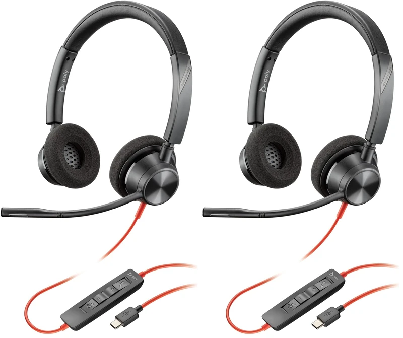 POLY Blackwire 3320 Wired Headset – Flexible Microphone Boom – Hi-fi Stereo - Connect to PC/Mac via USB-C or USB-A - Works with Teams/Zoom (Pack of 2)