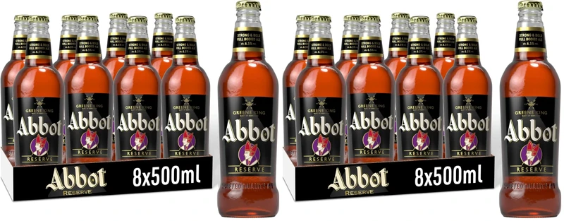 Abbot Reserve Strong Beer 8 x 500ml Bottles – Premium English Ale with Rich Malty Flavour, Caramel Sweetness and Smooth Balanced Finish, Strong British Beer 6.5% ABV (Pack of 2)