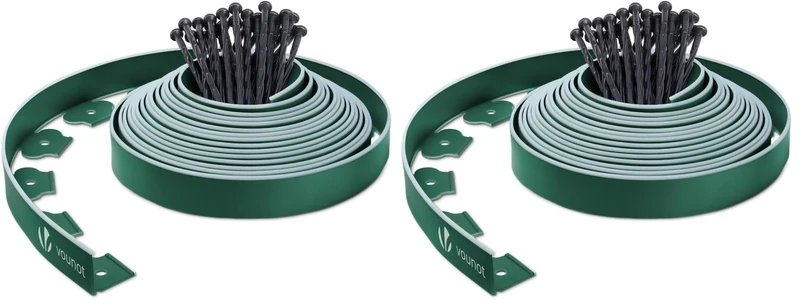 VOUNOT® Plastic Lawn Edging Border with 30 Ground Anchors, 10m Flexible Garden Edging Strip for Grass, Paths, Gravel or Flower Beds, Weatherproof Landscape Border, 5cm High, Green & Green Outline Edge