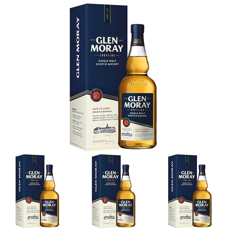 Glen Moray Classic single malt Scotch whisky 35cl 40% ABV, Speyside region whisky matured in ex-Bourbon casks. Distilled and matured in Elgin, Scotland. (Pack of 4)