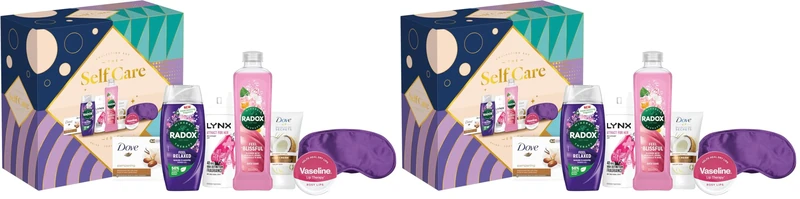 Radox, Lynx, Dove & Vaseline Self Care Collection Box 6 piece Gift Set with an Eye Mask, Body Wash, Bath Soak, Hand Cream, Lip Balm, Beauty Bar and Body Spray Deodorant (Pack of 2)