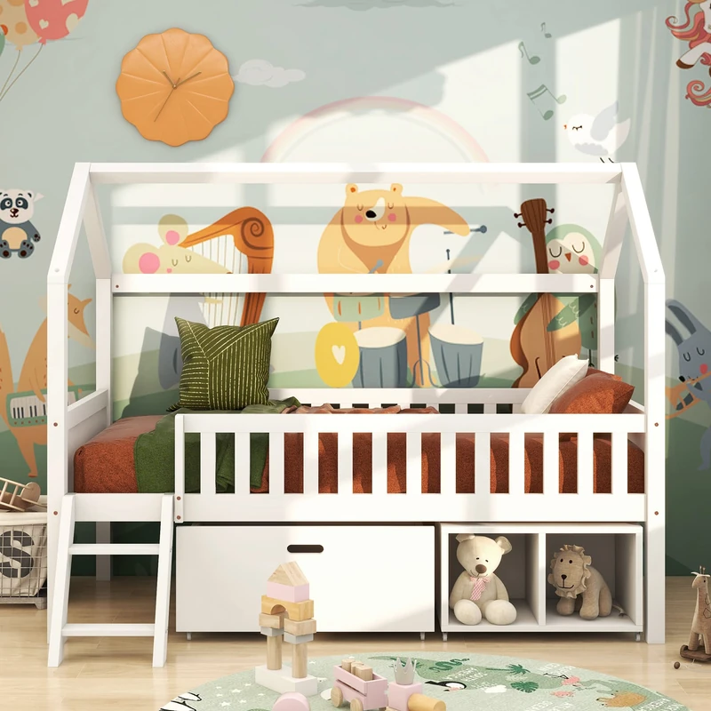 Ball & Cast Kids Single Bed with Drawer and Shelves, 3FT Kids Wooden Bed with Storage, Single Bed with Slatted Frame, Household Bed with Anti-fall Railings for Children, White, 90x190 cm (No Mattress)