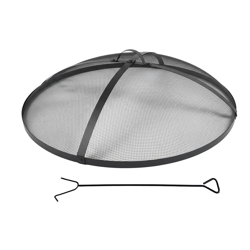 Relaxdays Round Spark Guard for Fire Bowl, Fire Poker & Handle, Steel, Black, Ø 80 cm