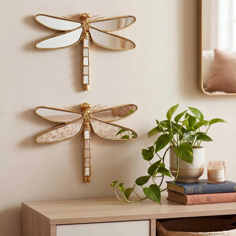 Sliner 2 Pcs Dragonfly Mirror Wall Decor, Gold Resin Dragonfly Glass Wall Decor, Retro Decorative Bug Insects Animals Mirrors, Ideal for Victorian and European Themed Home