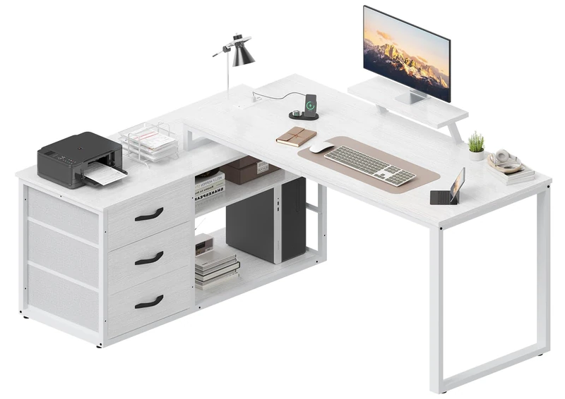 TRIUMPHKEY L-Shaped Desk with 3 Drawers, 140 x 100 x 75 cm, Corner Desk with Shelves, Reversible L-Shape Design with 2 USB Charging Ports & 2 Power Outlets, Home Office Desk, White