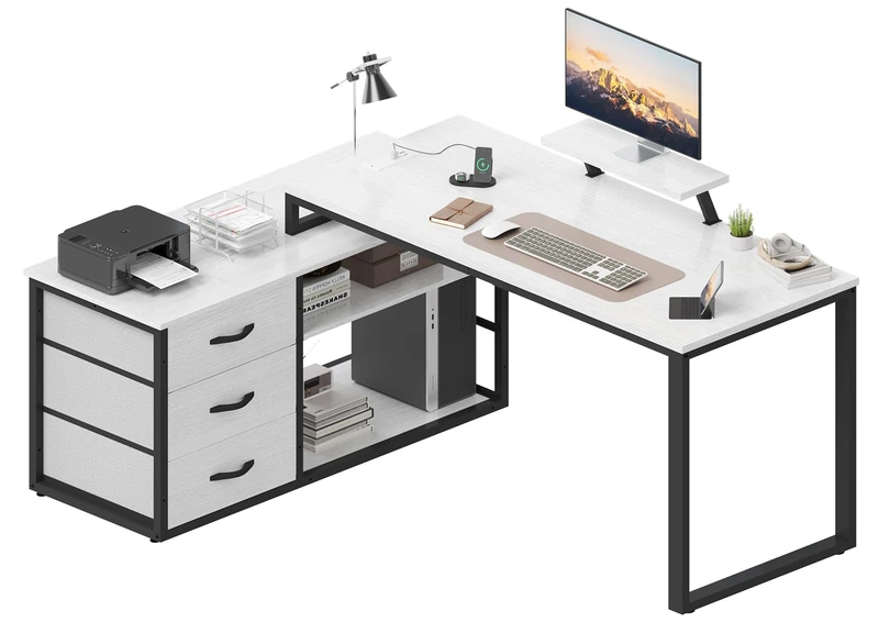 TRIUMPHKEY L-Shaped Desk with 3 Drawers, 140 x 100 x 75 cm, Corner Desk with Shelves, Reversible L-Shape Design with 2 USB Charging Ports & 2 Power Outlets, Home Office Desk, Gray