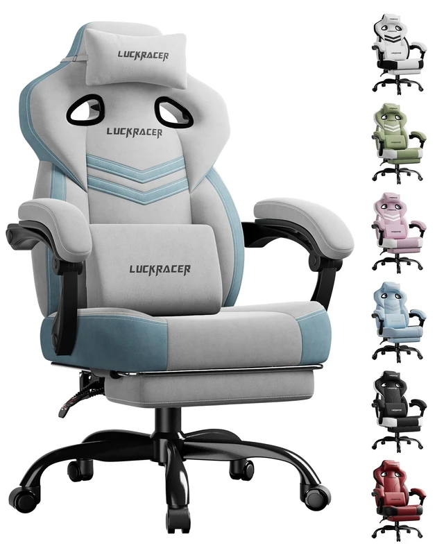 LUCKRACER Fabric Gaming Chair with Footrest, Ergonomic Computer Desk Chair with Pocket Spring Cushion Home Office High Back Support Lumbar Support Heavy Duty Wide, Grey