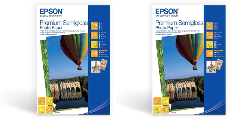 Epson C13S041332 A4 Semi-Gloss Photo Paper, White, Pack of 40