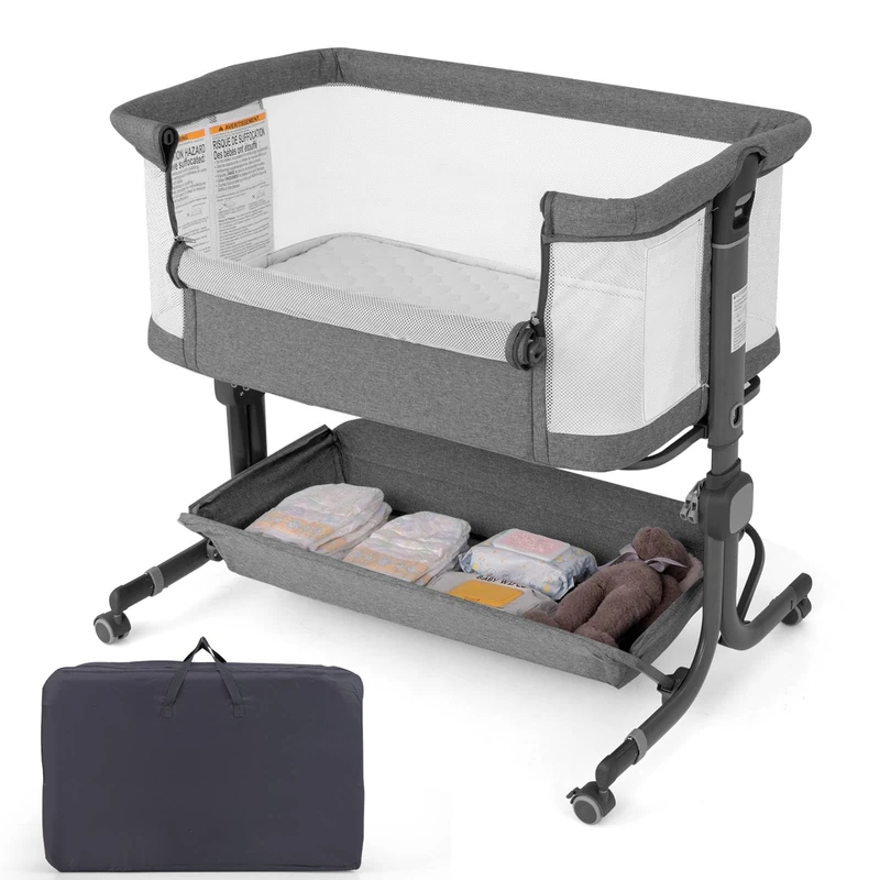 GYMAX Baby Bedside Crib, Foldable Toddler Side Cot (Dark Grey) - Image 1