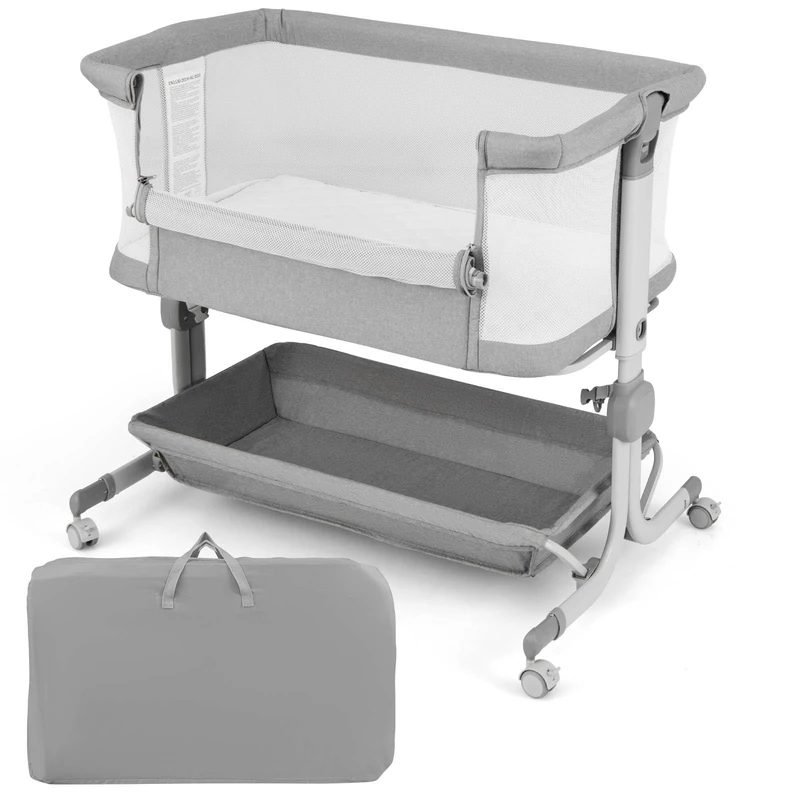 GYMAX Baby Bedside Crib, Foldable Toddler Side Cot with Mattress, Lockable Wheels, Storage Shelf and Carry Bag, 6-Level Heights Adjustable Infant Bassinet for Newborns (Grey)