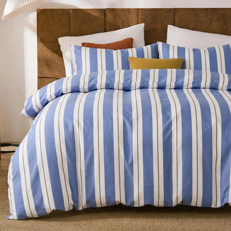 Merryword Blue and White Striped Duvet Cover Set Queen Size 100% Cotton Bedding Set with Modern Coastal Style Soft Breathable Linen Like Bedding Set 3 Pieces