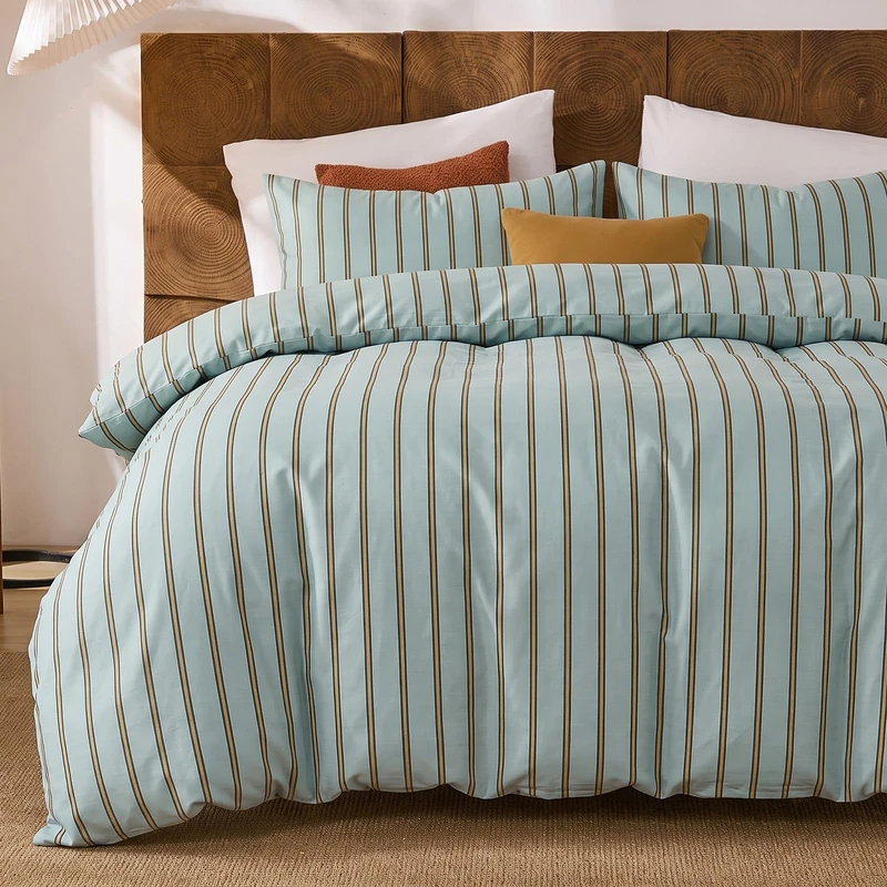 Merryword Green & Orange Striped Duvet Cover Set Queen Size, 100% Cotton Bedding Set with Zipper Closure & 8 Corner Ties, Luxury Linen Like Bedding, Soft Breathable Comforter Cover for All Seasons