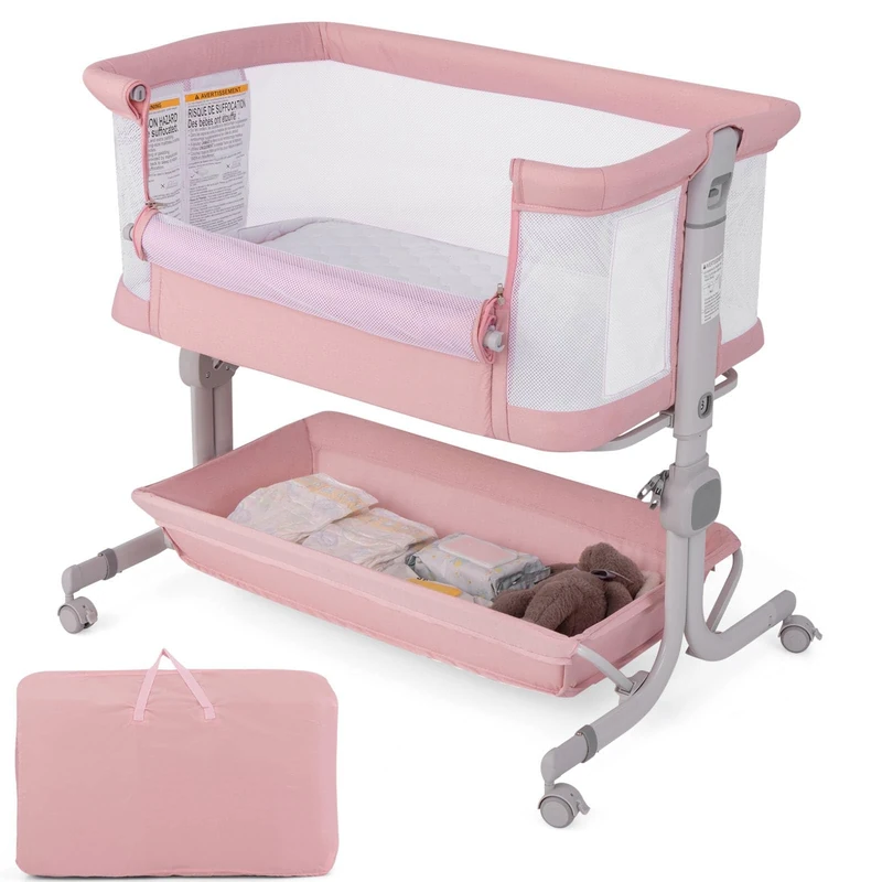 GYMAX Baby Bedside Crib, Foldable Toddler Side Cot with Mattress, Lockable Wheels, Storage Shelf and Carry Bag, 6-Level Heights Adjustable Infant Bassinet for Newborns (Pink)