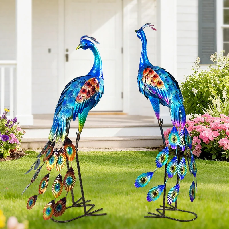 Large Garden Statues Set of 2, Metal Peacock Sculptures, Peacock Yard Decor