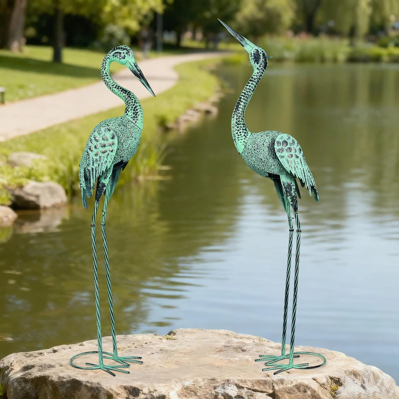 Large Garden Statues Set of 2, Metal Crane Sculptures, Retro Heron Outdoor