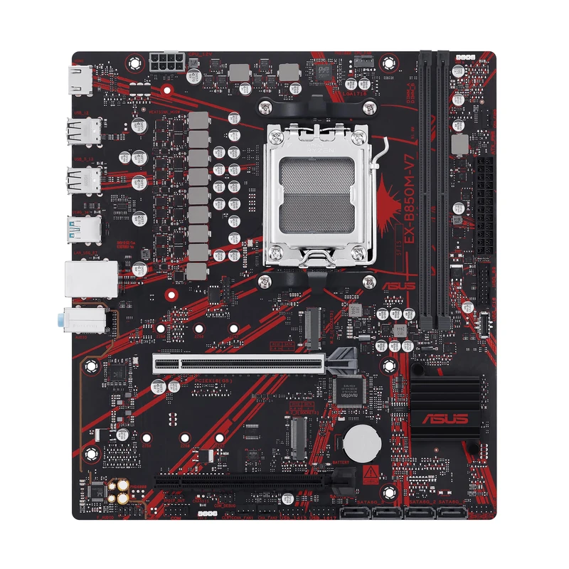 ASUS EX-B850M-V7 AMD Micro-ATX Motherboard, DDR5 Slot, PCIe 5.0 Ready, Two M.2 Slots, Realtek 5GB Ethernet, HDMI 2.1, SATA 6Gbps, Rear USB 10Gbps Ports and Front USB-C 5Gbps Black
