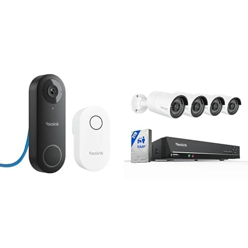 Reolink PoE Wired Security Bundle: 5MP PoE Video Doorbell with Chime + 4K 8CH NVR System with 2TB HDD and 4X 5MP Outdoor PoE Cameras, Smart Detection, 24/7 Recording