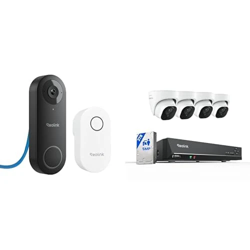 Reolink PoE Wired Security Bundle: 5MP PoE Video Doorbell with Chime + 8CH 4K NVR System with 2TB HDD and 4X 5MP Outdoor PoE Cameras, Smart Detection, 24/7 Recording