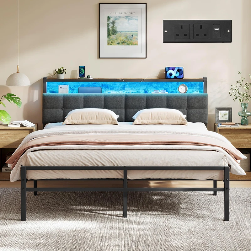 VASAGLE King Bed Frame with LED Lights and Charging Station