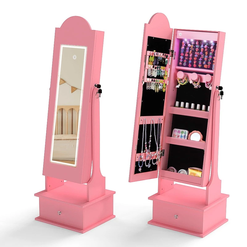 FANTASK 2-in-1 Children's Mirror with Lighting, Freestanding Standing Mirror with 3 Coloured Full-Length Mirrors, 4 LED Lights & Drawer, Children's Jewellery Cabinet Tilting (Pink) - Image 1