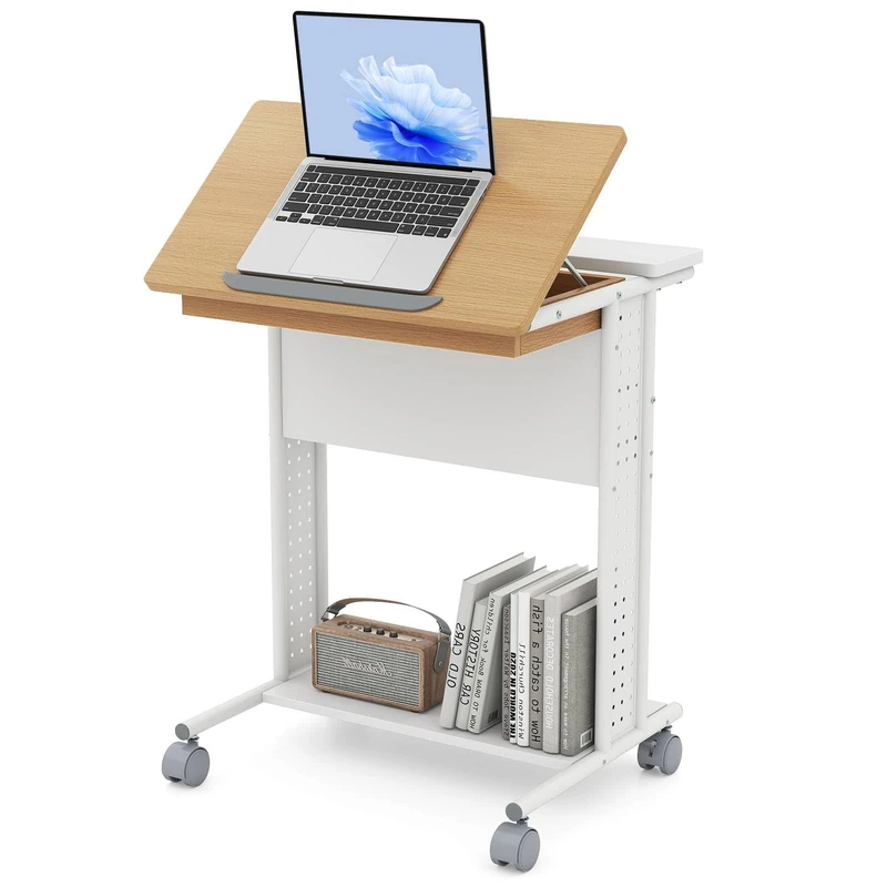 CASART Mobile Standing Desk, Rolling Sit Stand Desk Laptop Table with Casters, Tilting Top, Hidden Compartment, Pegboards & Storage Shelves, Portable Stand Up Computer Workstation for Home Office