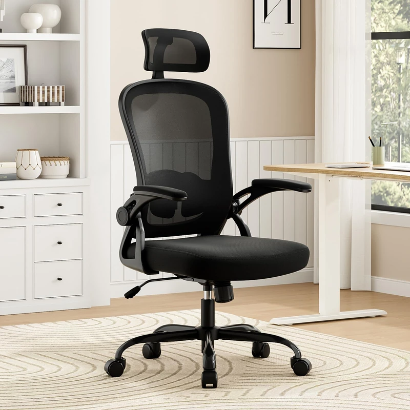 Farini High Back Executive Office Chair with Adjustable Support, Flip-Up Arms & Ergonomic Design - All Black