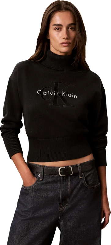 Calvin Klein Women Ls Logo Tneck Pullover LV047H329G Sweaters, Black (Black), S