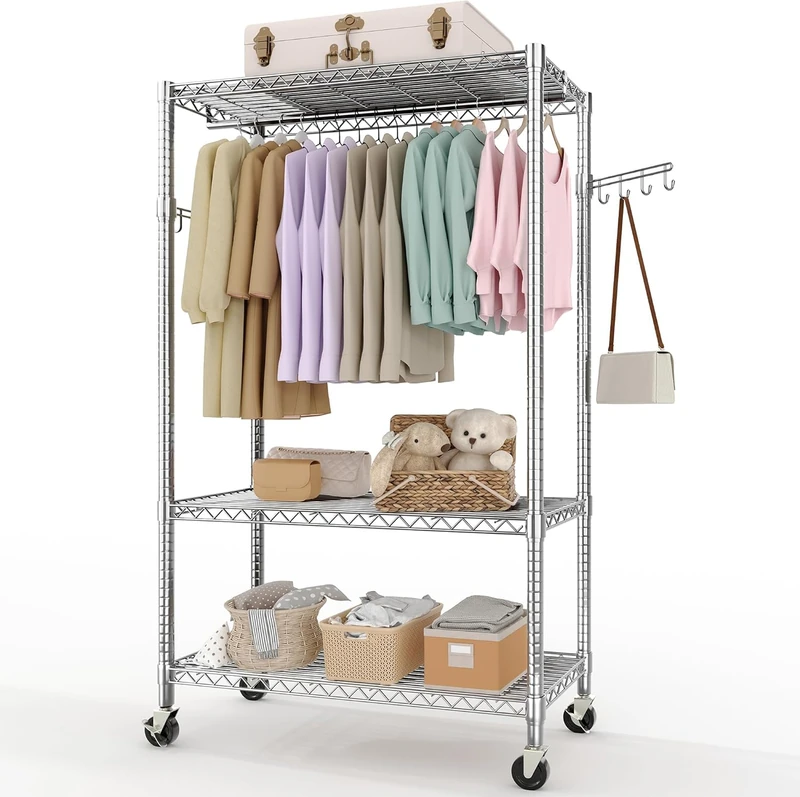 3 Tiers Clothes Rack with Wheels, Adjustable Shelves & 2 Hanging Rod, Heavy Duty Clothing Rack Closet Organizer Freestanding Wardrobe for Hanging Clothes, 75.6" h x 45.3" w x 15.8" d, Silver