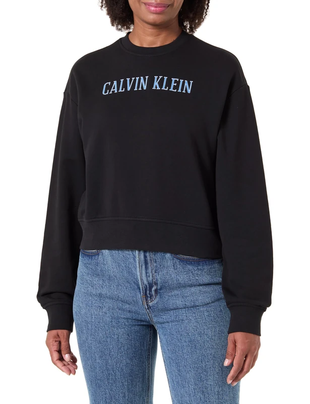 Calvin Klein Women Ls Cropped Terry Varsity Logo C LV047H806G Sweatshirts, BLACK (Black), XXS