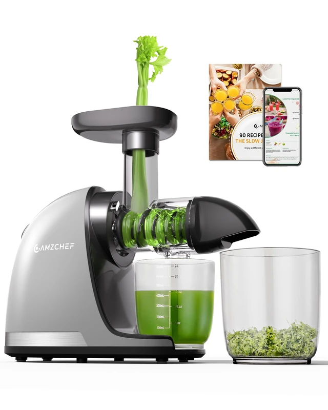 AMZCHEF Juicer Machines - Cold Press Slow Juicer - Masticating Juicer for Whole Fruits and Vegetables - Delicate Chew No Need to Filter - BPA Free Juice Extractor with 2 Cups and Brush - Cold Grey