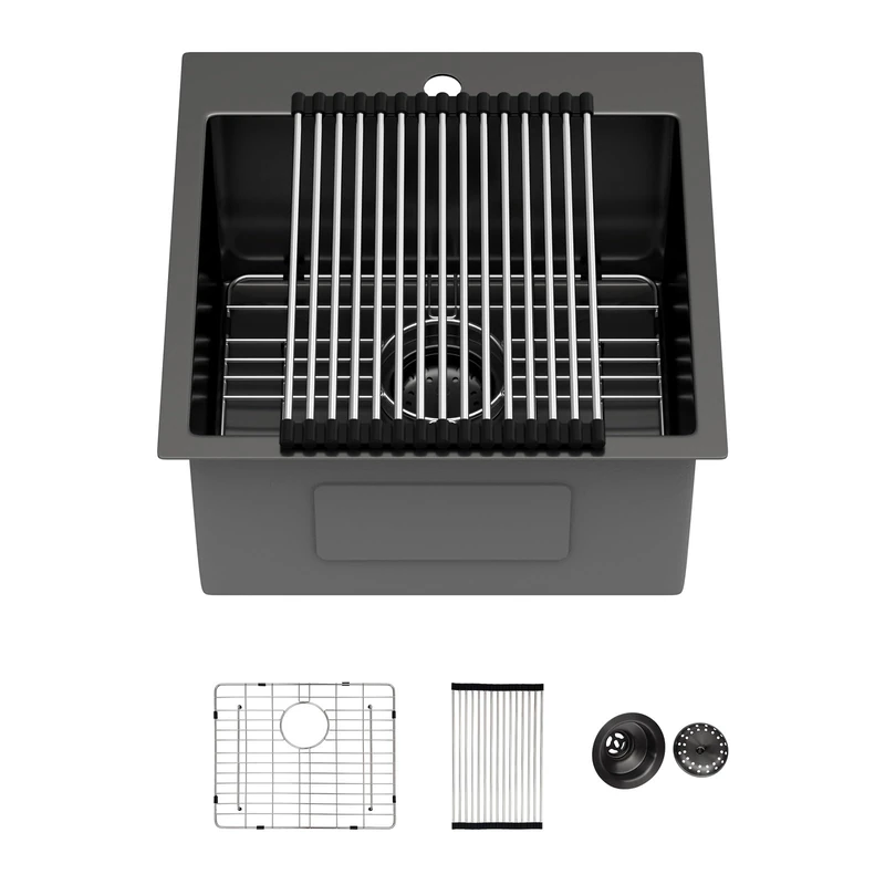 18 Inch Drop in RV Bar Sink - Beslend 18x18x9 Gunmetal Black Topmount Sink for RV Camper, Outdoor Kitchen Sink Black Stainless Steel Wet Bar with Roll-up Rack, Drain Assembly & Rinse Grid