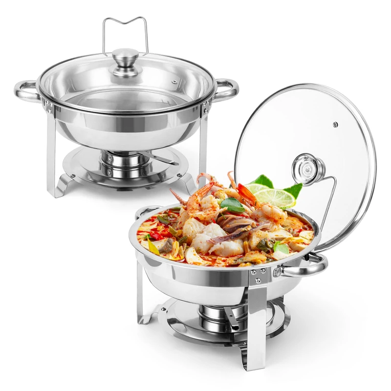 Round Food Warmer Set - Stainless Steel Food Warmer - 2 Piece 2 Gallon with Visible Glass Lid - Great for Buffet, Catering and Parties - Stainless Steel Trim, One Size Fits All