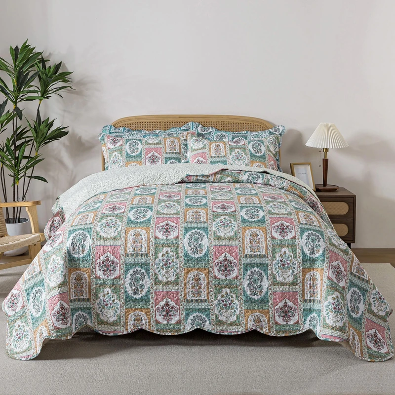 HoneiLife Quilt Sets Queen Size - 3 Pieces Microfiber Quilt Lightweight Bedspreads Floral Coverlets Retro Bed Cover Queen Quilt Bedding Sets All Season Use