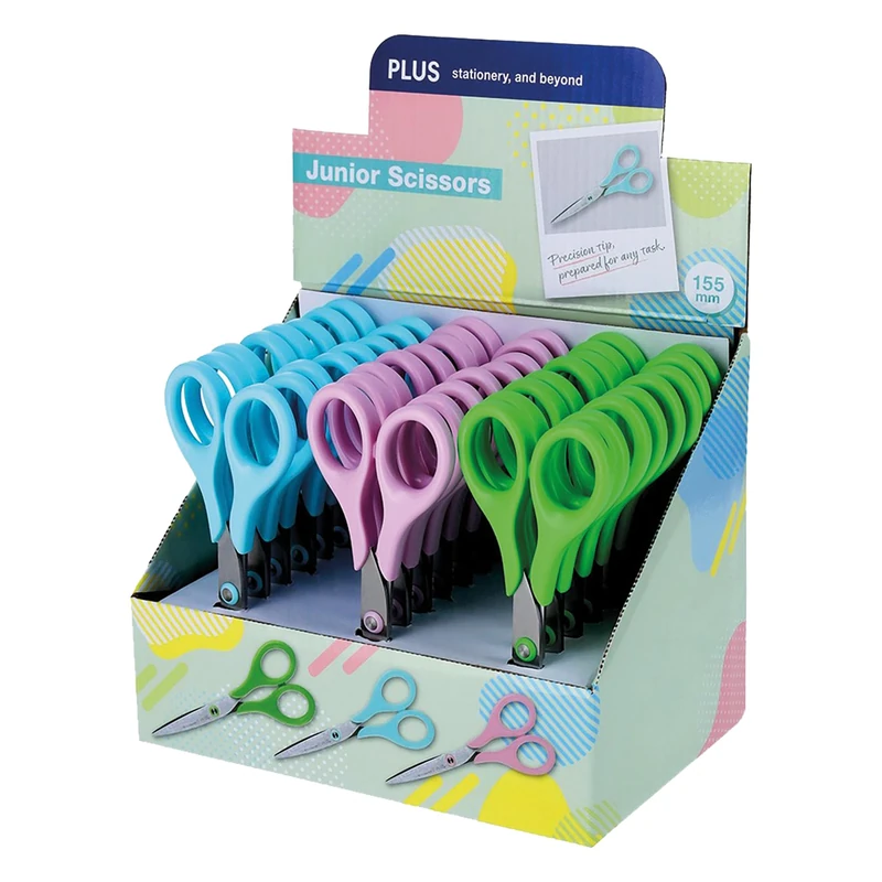 Plus Junior Scissors SC-155C-DP Precision Tip for Delicate Applications, Rustproof Stainless Steel for High Durability, Display Contents Pack of 24, Blue/Pink/Green