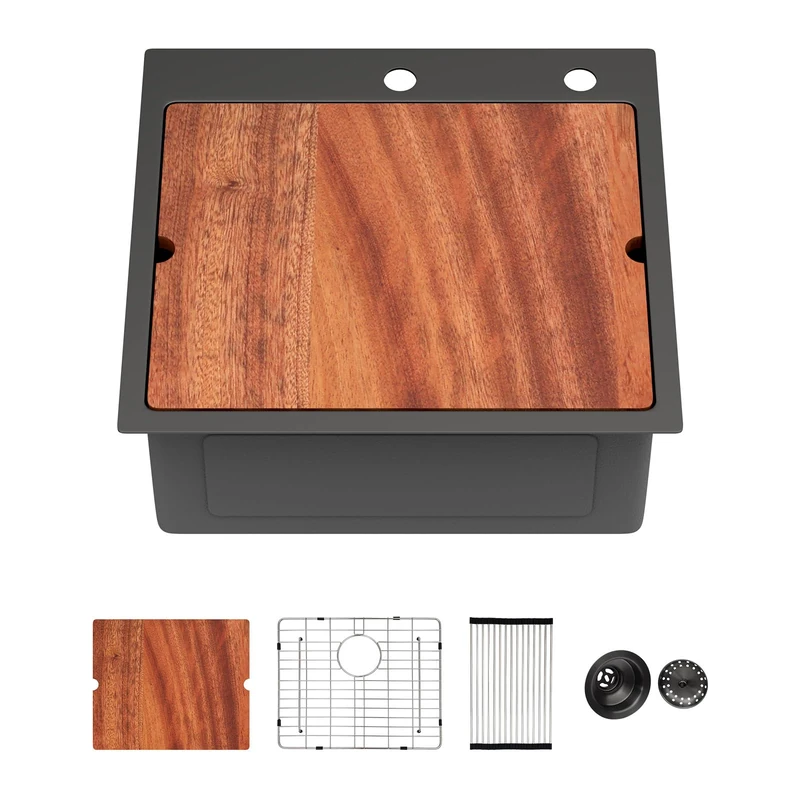 21 Inch Drop in RV Bar Sink - Beslend 21x20 Gunmetal Black Topmount Sink for RV Camper, Black Stainless Steel Wet Bar Workstation with Cutting Board, Roll-up Rack, Drain Assembly & Rinse Grid